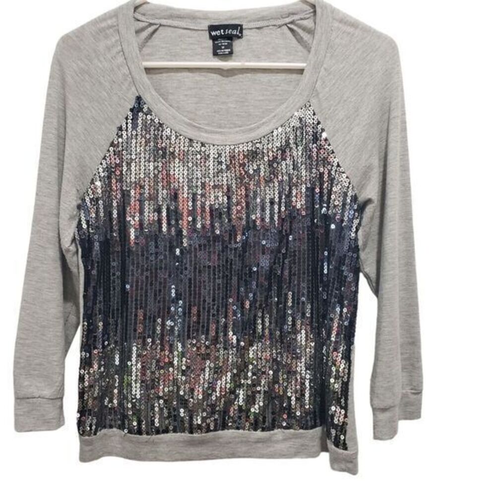 Wet Seal Women's Top M Crop Sleeve Knit Pullover Sequin Sweater‎ Gray M